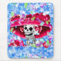 Laughing Skeleton Woman in Red Bonnet Mousepads
