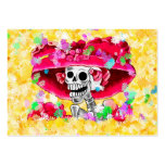 Laughing Skeleton Woman in Red Bonnet on Yellow Business Card Template