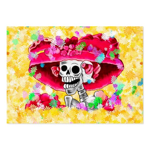 Laughing Skeleton Woman in Red Bonnet on Yellow Business Card Template (front side)