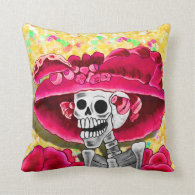 Laughing Skeleton Woman in Red Bonnet Pillows