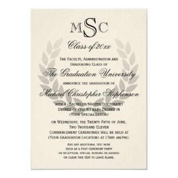 Laurel Crest Monogram Classic College Graduation 4.5x6.25 Paper Invitation Card by CustomInvites at Zazzle