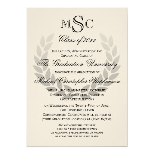 Laurel Crest Monogram Classic College Graduation Custom Invites (front side)