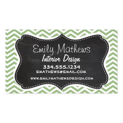 Laurel Green Chevron Stripes; Chalkboard look Business Card (front side)