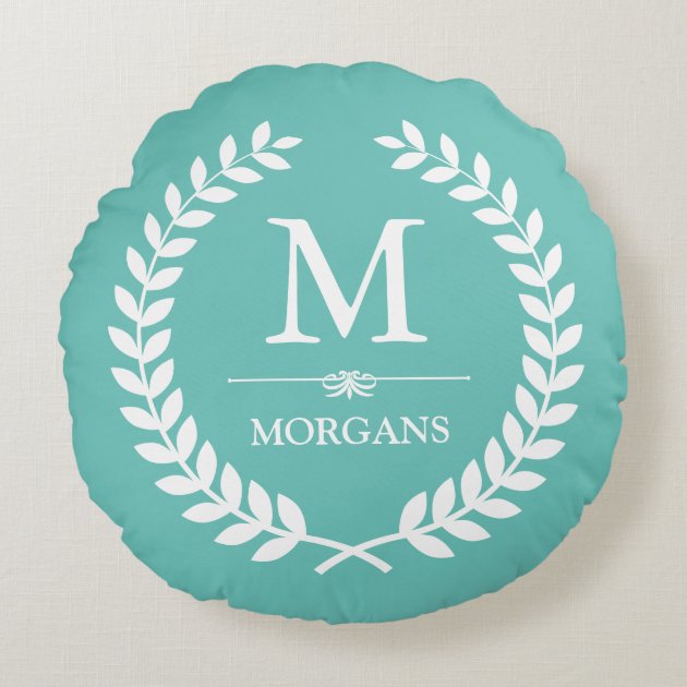 Laurel Wreath Monogram Soft and Pastel Teal Blue Round Pillow-0