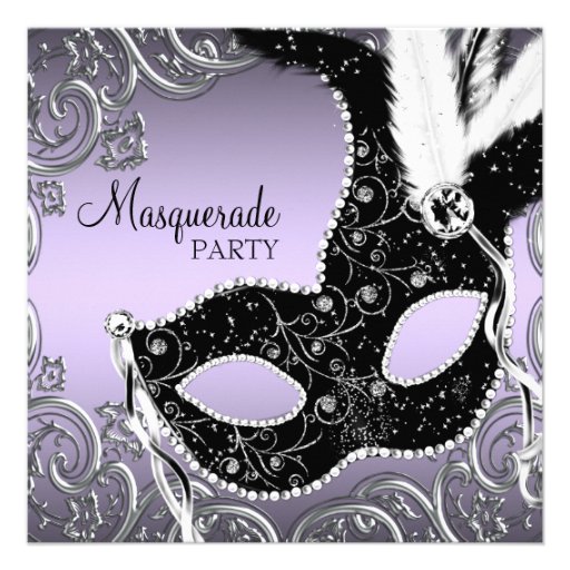 Lavender and Black Mask Masquerade Party Personalized Invitations (front side)