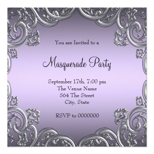 Lavender and Black Mask Masquerade Party Personalized Invitations