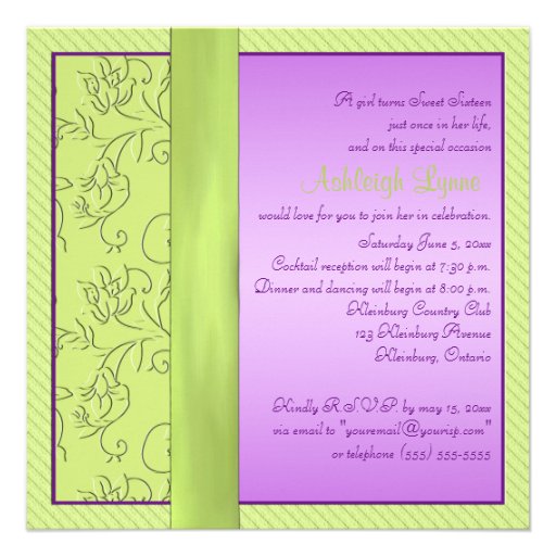 Lavender and Chartreuse Sweet Sixteen Invitation