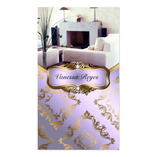 Lavender and Gold Damask Photo Business Card (front side)