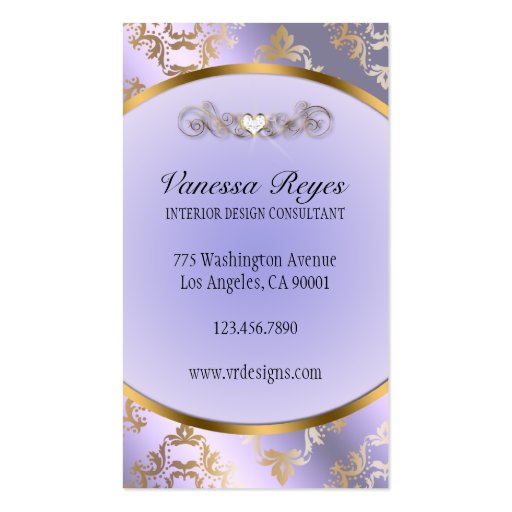 Lavender and Gold Damask Photo Business Card (back side)