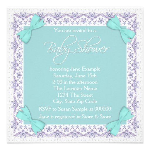 Lavender and Teal Blue Vintage Baby Girl Shower Custom Announcements