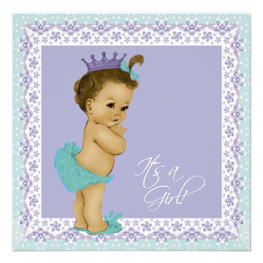 Lavender and Teal Blue Vintage Baby Girl Shower Custom Announcement