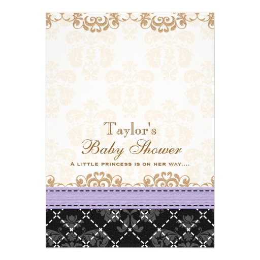 LAVENDER BLACK DAMASK BABY CARRIAGE BABY SHOWER ANNOUNCEMENTS