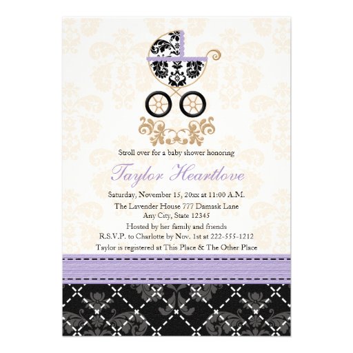 LAVENDER BLACK DAMASK BABY CARRIAGE BABY SHOWER ANNOUNCEMENTS