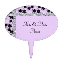 Lavender & Black Flowers Diamond Shimmer Wedding Cake Topper
