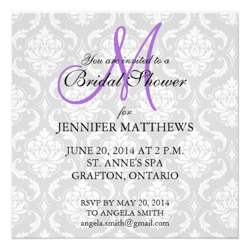 Lavender Bridal Shower Invitation Damask Monogram