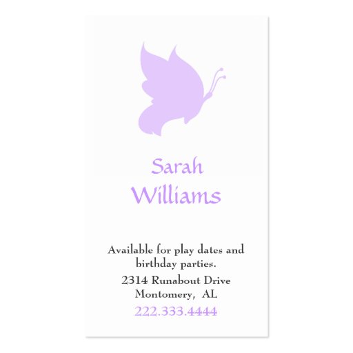 Lavender Butterfly Silhouette Play Date Card Business Card Template (front side)