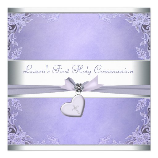 Lavender Cross Girls Purple First Communion Personalized Invite (front side)