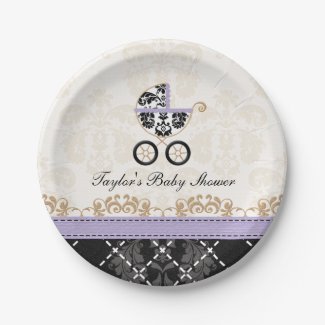 Lavender Damask Carriage Baby Shower Paper Plate