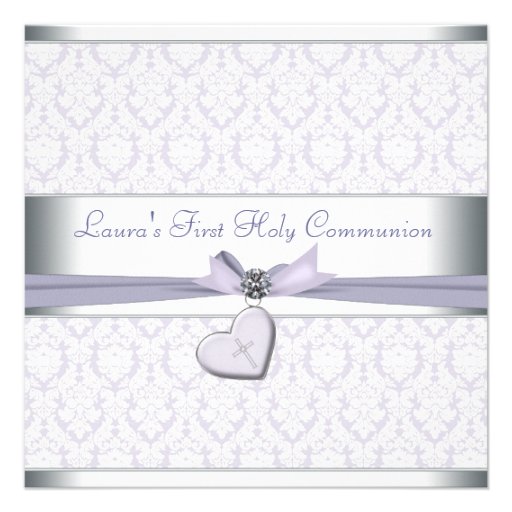 Lavender Damask Cross Girls Purple First Communion Personalized Invites