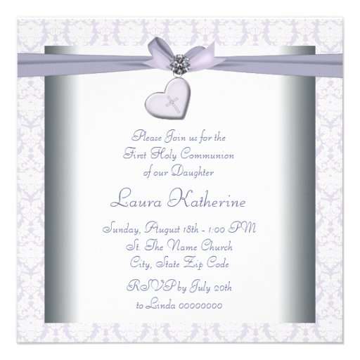 Lavender Damask Cross Girls Purple First Communion Personalized Invites