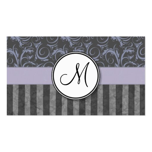 Lavender Grey Floral Wisps & Stripes with Monogram Business Cards (back side)