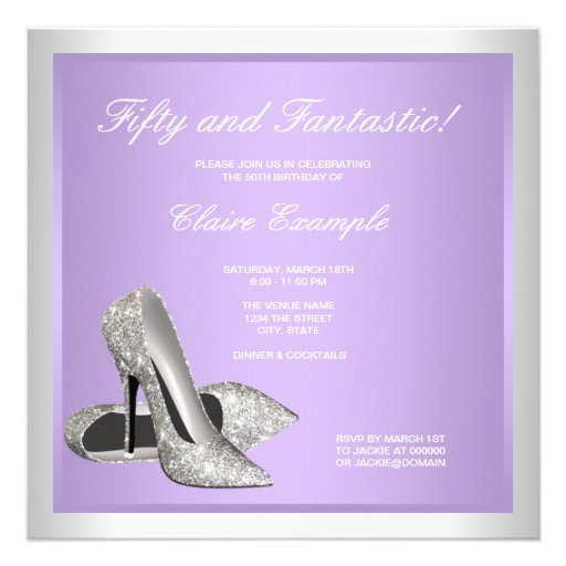 Lavender High Heels Womans 50th Birthday Personalized Invite