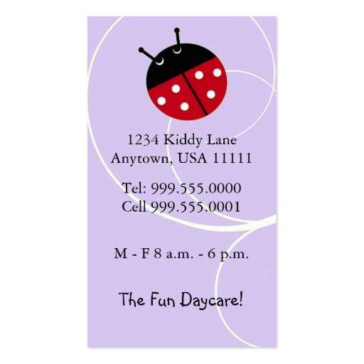 Lavender Ladybug Daycare Business Card (back side)