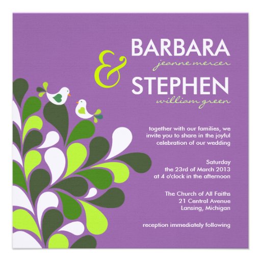 Lavender Love Birds - Linen Wedding Invitations