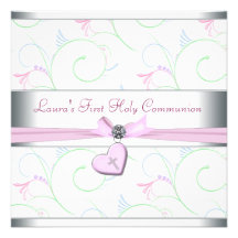Lavender Pink Heart Pink Cross First Communion Custom Announcements