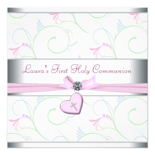 Lavender Pink Heart Pink Cross First Communion Custom Announcements