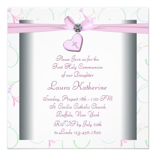Lavender Pink Heart Pink Cross First Communion Custom Announcements