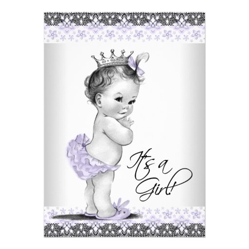 Lavender Purple and Gray Vintage Baby Girl Shower Announcement (front side)