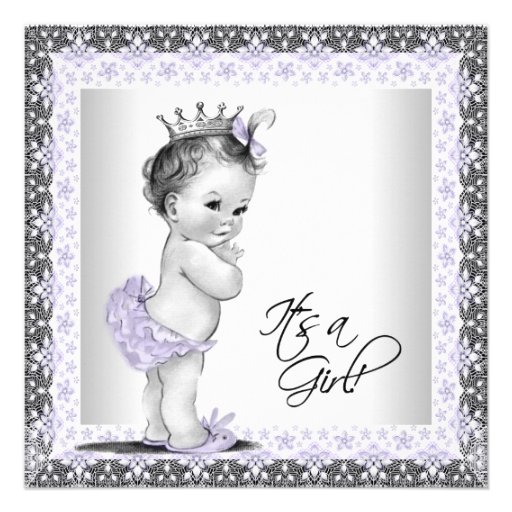 Lavender Purple and Gray Vintage Baby Girl Shower Custom Announcements (front side)