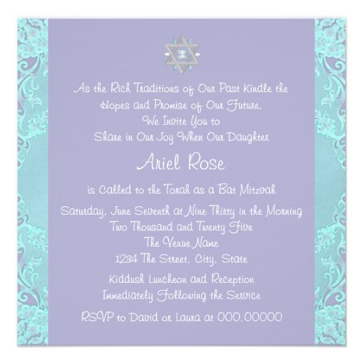 Lavender Purple and Teal Blue Bat Mitzvah Personalized Invitation