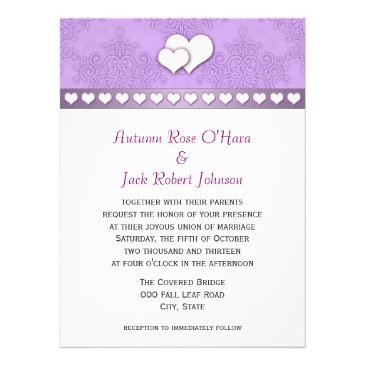 Lavender Purple and White Damask with Hearts Announcements