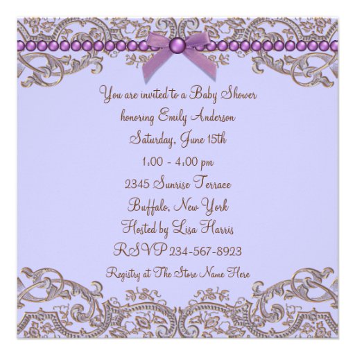 Lavender Purple Brown Lace Girl Baby Shower Personalized Invite