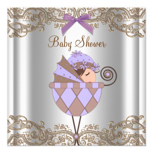 Lavender Purple Brown Lace Girl Baby Shower Custom Invites