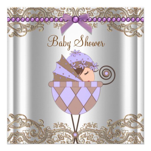 Lavender Purple Brown Lace Girl Baby Shower Personalized Invite