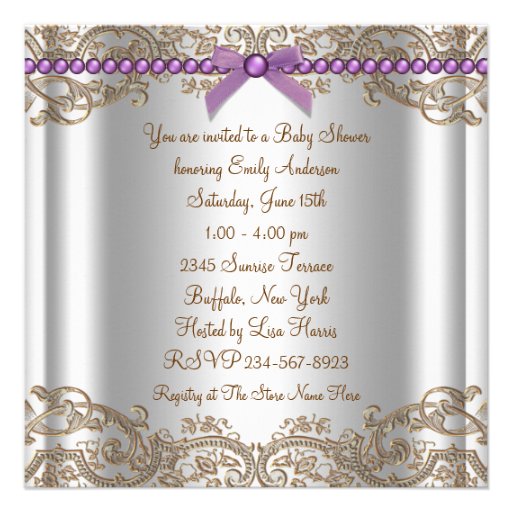 Lavender Purple Brown Lace Girl Baby Shower Personalized Invite