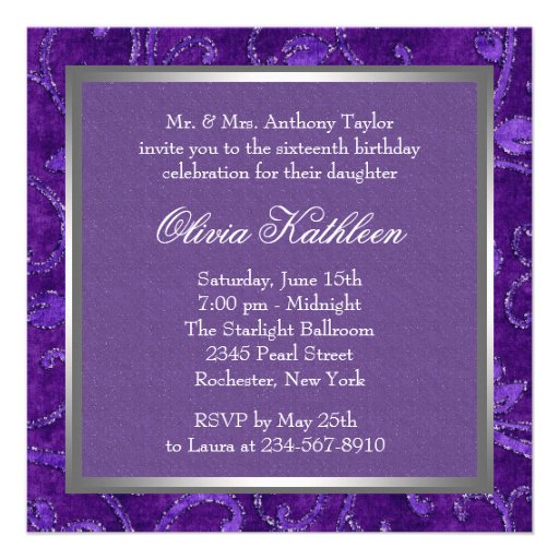 Lavender Purple Glitter Sweet Sixteen Birthday Custom Invites