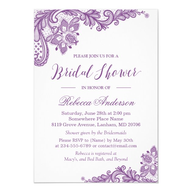 Lavender Purple Lace Elegant Floral Bridal Shower Card (front side)