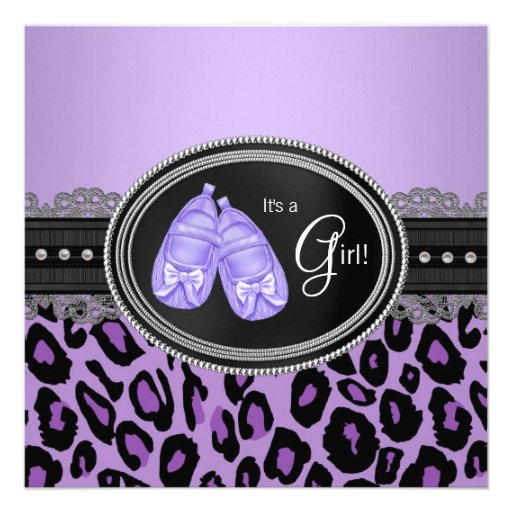 Lavender Purple Leopard Baby Girl Shower Personalized Announcements