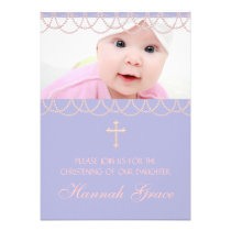 Lavender Purple Pearl Cross Photo Christening invitations