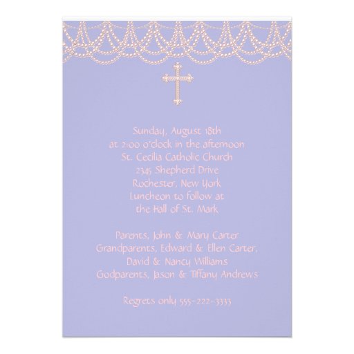 Lavender Purple Pearl Cross Photo Christening Invites