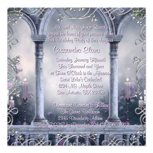 Lavender Purple Rose Chandelier Quinceanera Announcements
