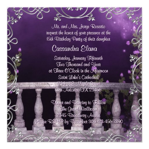 Lavender Purple Roses Chandelier Quinceanera Announcements