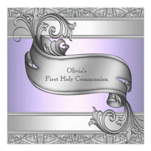 Lavender Purple Silver Cross Girls First Communion Personalized Invitation