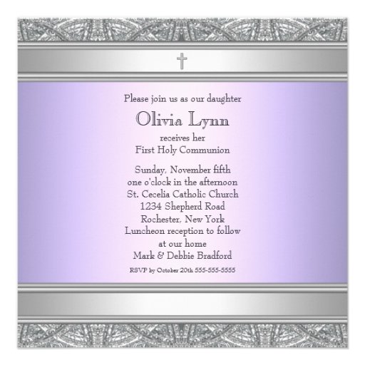 Lavender Purple Silver Cross Girls First Communion Personalized Invitation