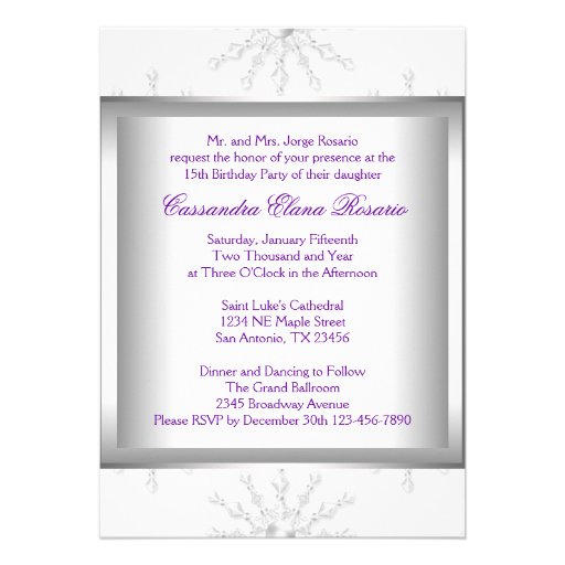 Lavender Purple Snowflakes White Quinceanera Personalized Invitation