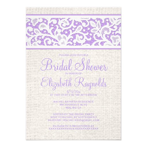 Lavender Rustic Burlap Linen Bridal Shower Invites